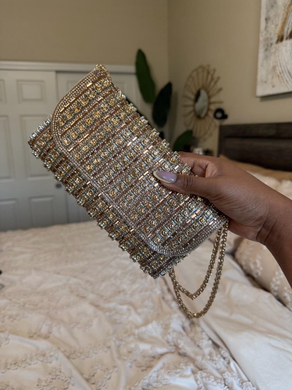 Gold Crystal-Embellished Evening Clutch